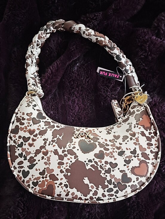 Betsey Johnson Handbags - Faux Fur Brown & Cream Heart-Print Shoulder Bag